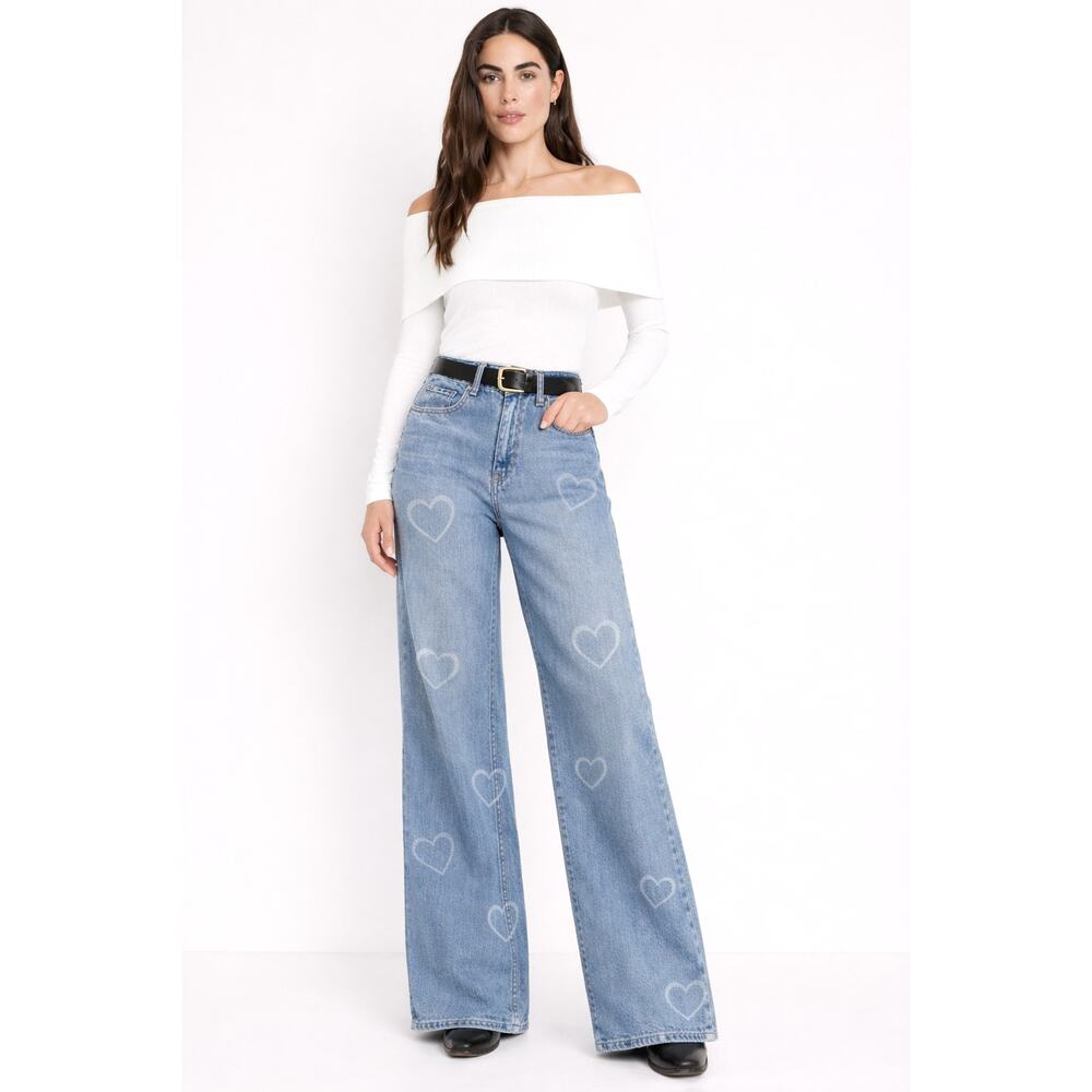 Hollister 25 High Rise Wide Leg HEARTS Jeans Light Wash Vintage Stretch Y2K